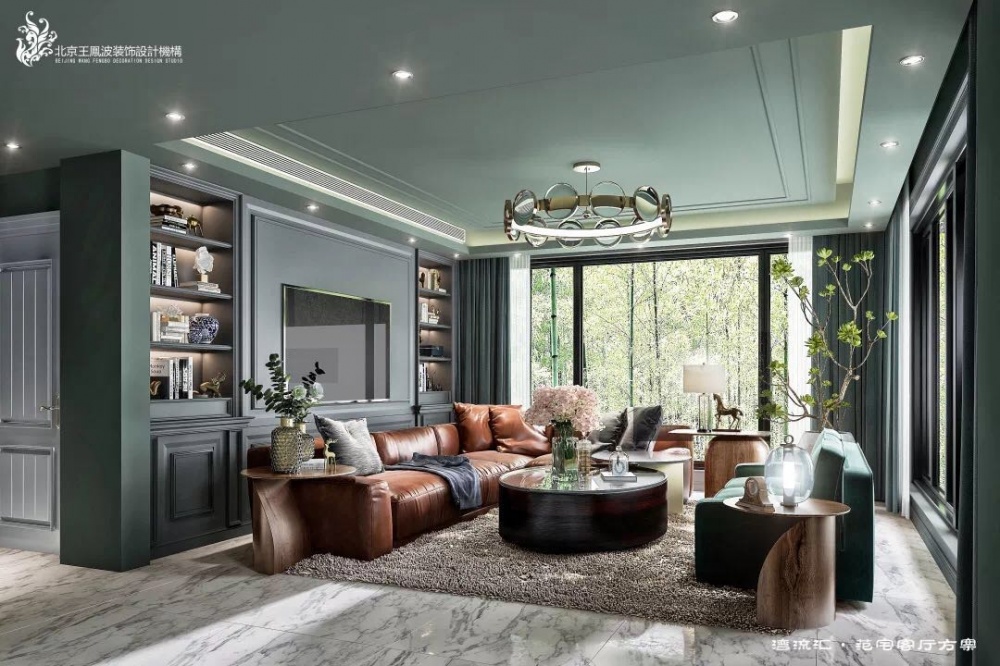 客廳窗簾裝修效果圖簡約美式別墅設(shè)計(jì)，復(fù)地·灣流匯美式經(jīng)典客廳設(shè)計(jì)圖片賞析