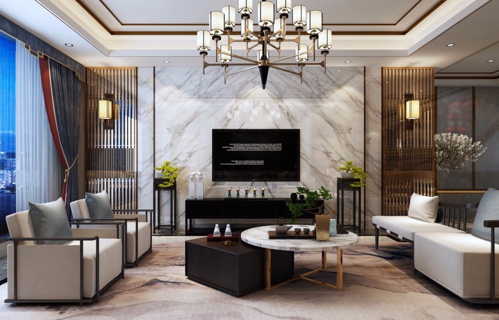 客廳窗簾裝修效果圖藍(lán)毓、新中式別墅中式現(xiàn)代客廳設(shè)計(jì)圖片賞析