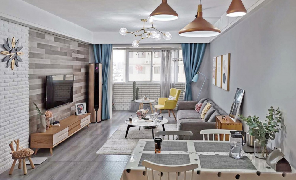 客廳窗簾裝修效果圖83㎡北歐風(fēng)，新婚小兩口的浪漫北歐極簡客廳設(shè)計(jì)圖片賞析